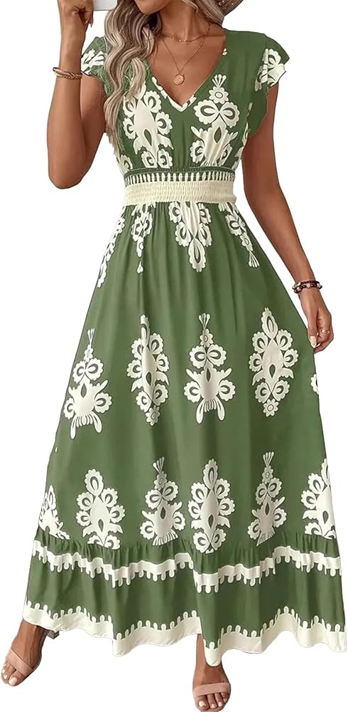 Women's 2025 Summer Boho Floral Maxi Dress - Sleeveless Square Neck Smocked A-Line Beach & Day Ou... | Amazon (US)