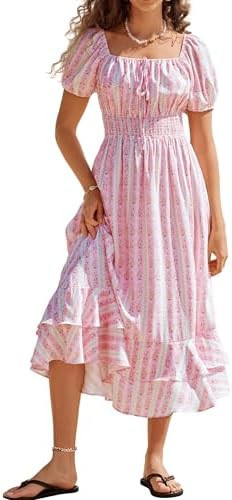 Kate Kasin Womens Summer Boho Floral Maxi Dress 2026 Square Neck Puff Sleeve Smocked Flowy A Line... | Amazon (US)