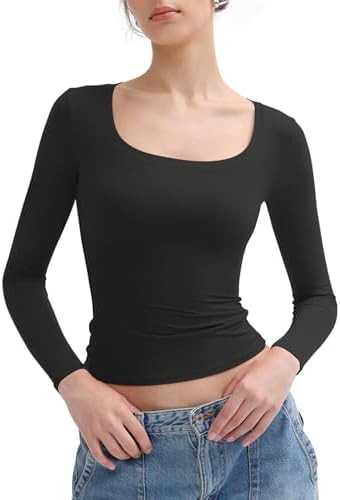 PUMIEY Women's Long Sleeve T Shirts Scoop Neck Slim Fit Going Out Tops Double Lined Basic Tee Smo... | Amazon (US)