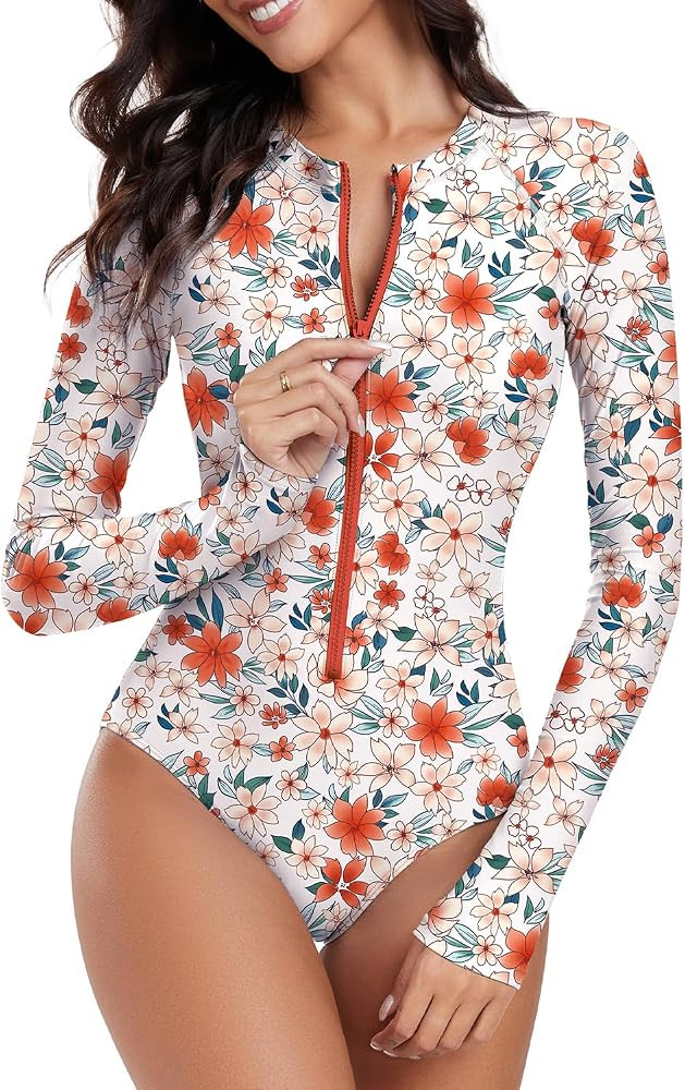 UPF 50+ Long Sleeve Swimsuits for Women Rash Guard Surfing Modest One Piece Full Coverage Bathing... | Amazon (US)