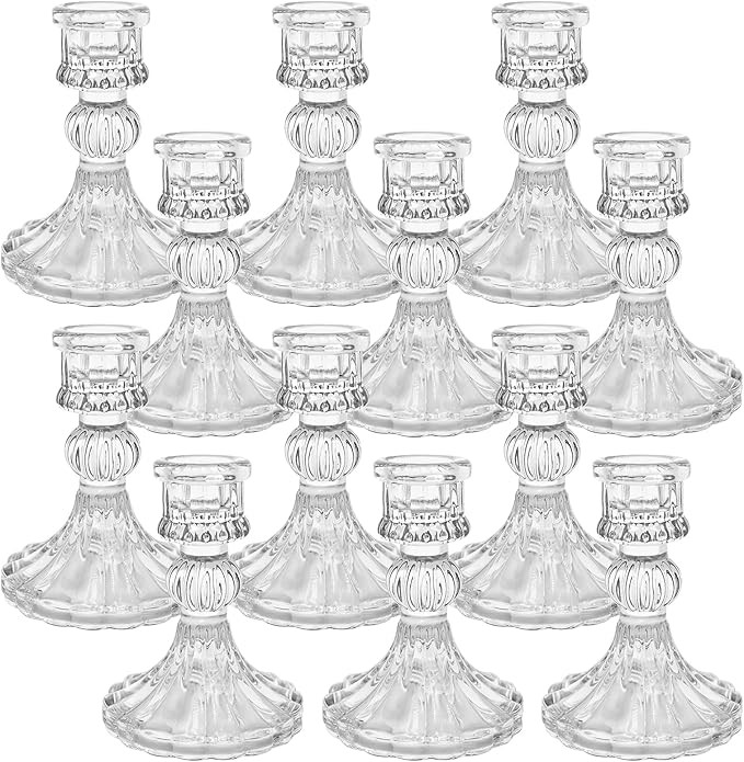 12 Pack Glass Candlestick Holders- Clear Taper Stripe Candle Holders for Candlesticks, 4" H Taper... | Amazon (US)