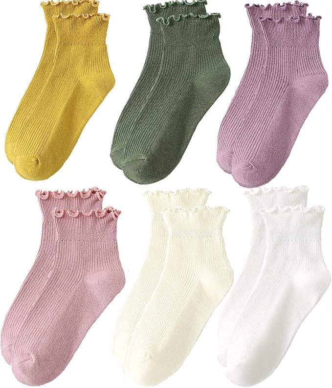 Ruffle Socks Women White Ankle Socks Woman Girls Cute Cotton White Frilly Sock Size 9-11, 6 Pairs | Amazon (US)