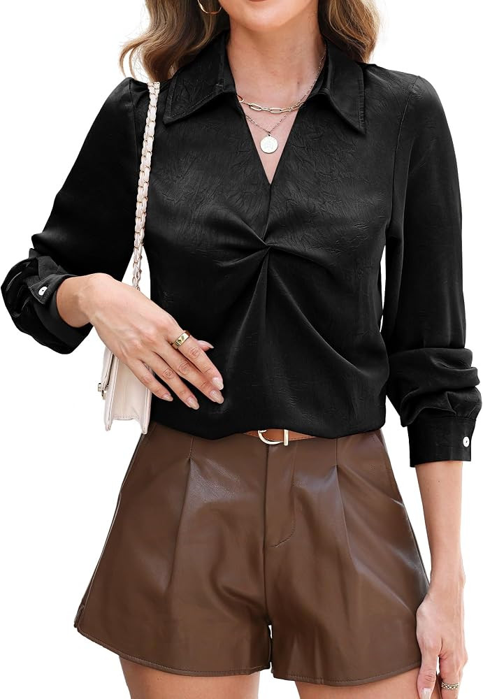 RUMIA Longsleeve Satin Silk Fall Blouses Shirt for Women Business Work Top | Amazon (US)