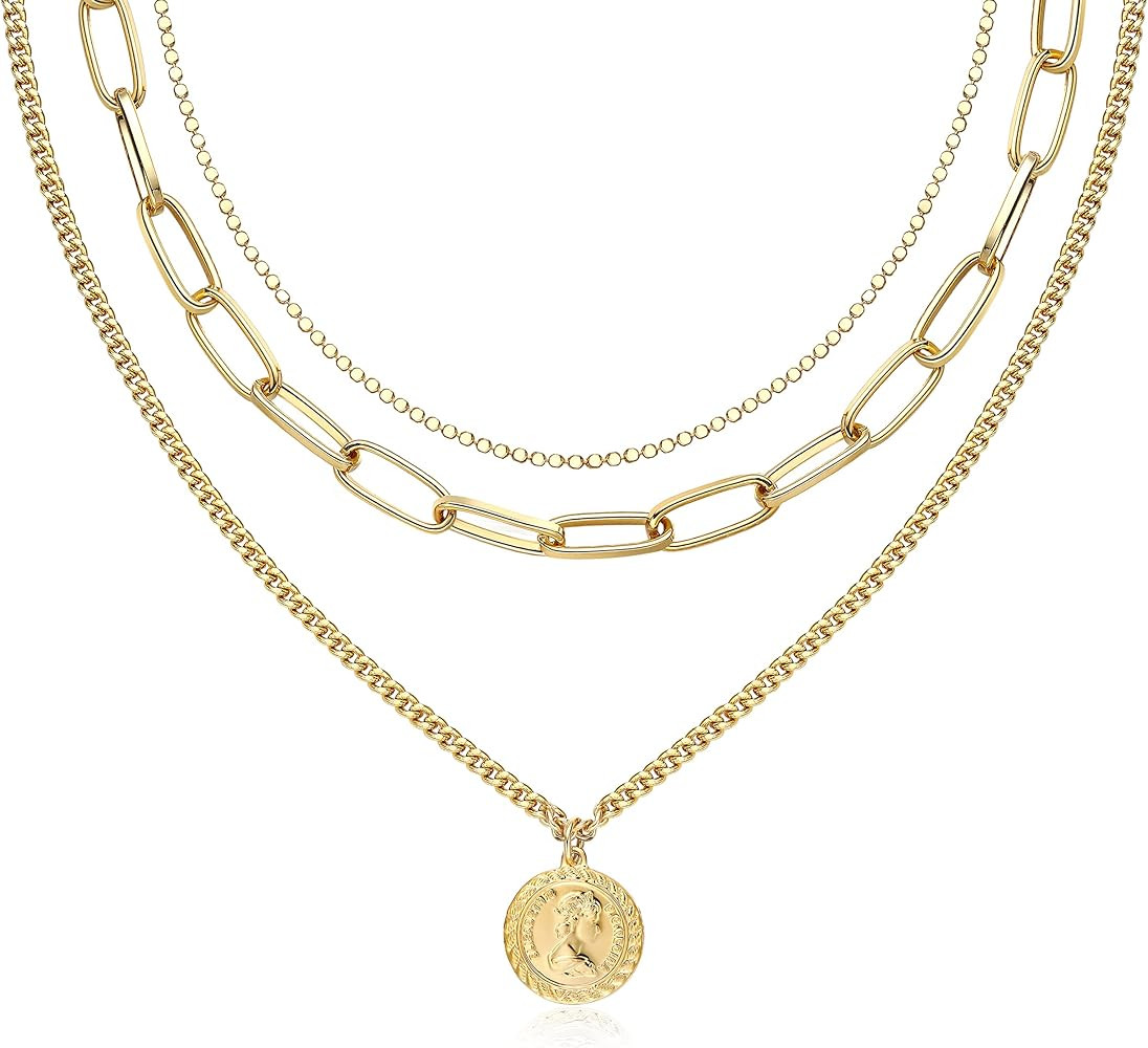 ACC PLANET Gold Layered Necklace for Women, 14K Gold Plated Coin Cross Pendant Necklace Chunky Ch... | Amazon (US)