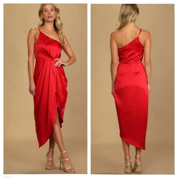 Law of Attraction Red Satin One-Shoulder Asymmetrical Midi Dress | Poshmark