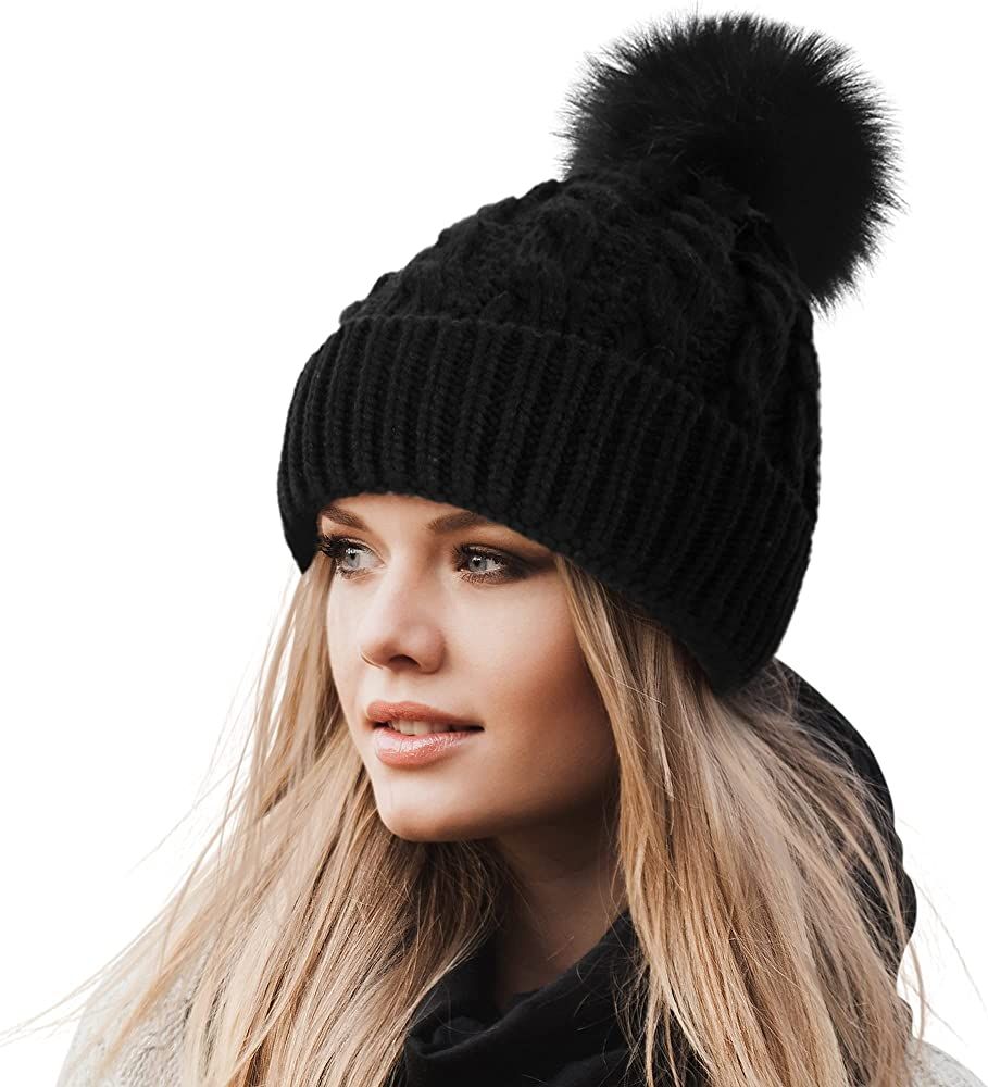 Livingston Women's Winter Soft Knit Beanie Hat with Faux Fur Pom Pom,Black at Amazon Women’s Clothin | Amazon (US)
