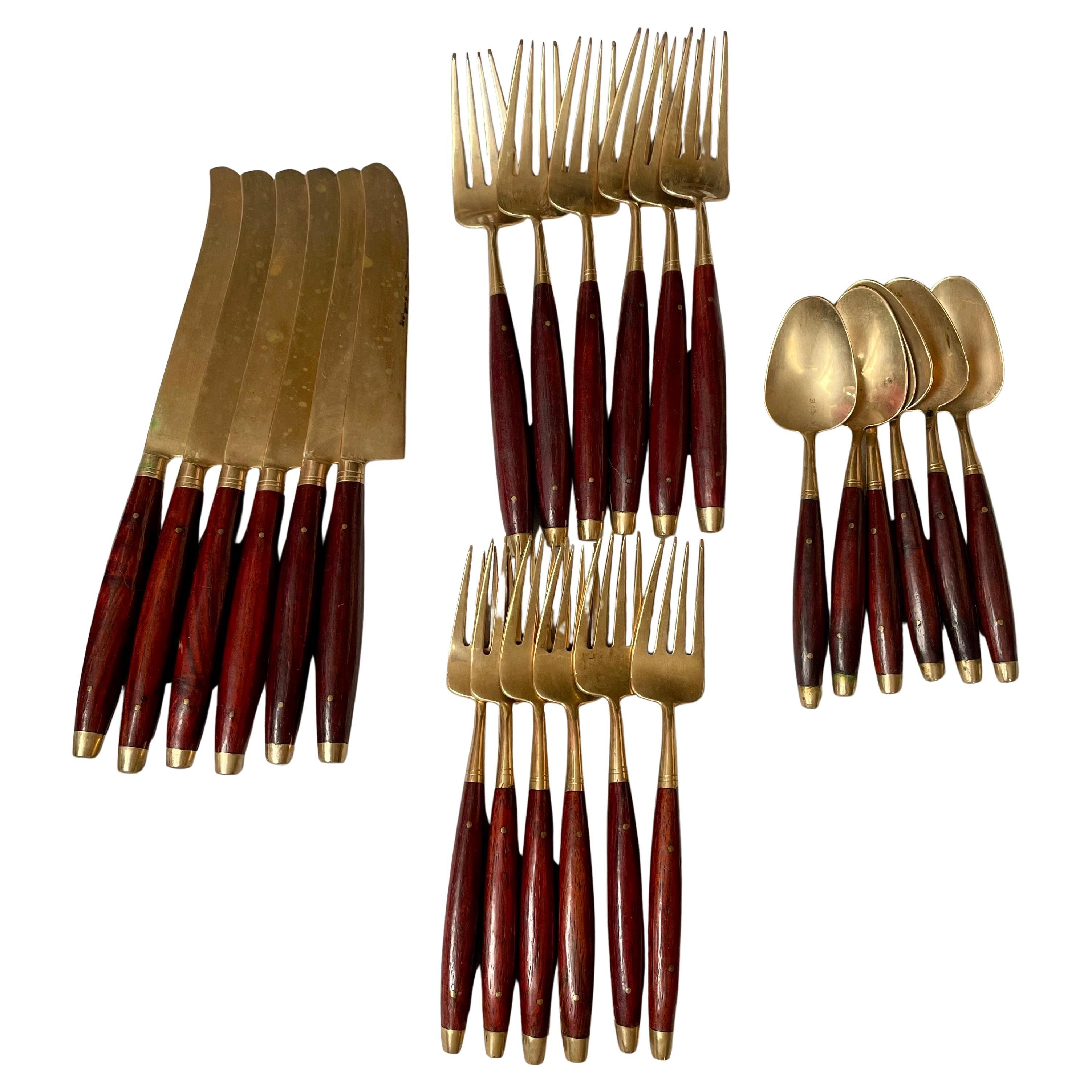 Brass & Rosewood Flatware Set for 6 Knives Forks Spoons 24 Pcs Silverware | 1stDibs