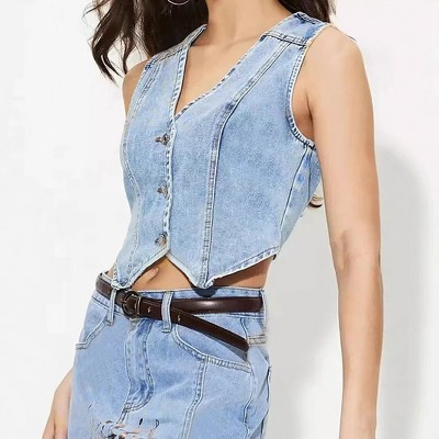 Coolmee Women's Denim Vest Button Down Sleeveless Jean Vest Top Cropped Denim Top Cowgirl Western Outfits Knit Llight Blue L | Target