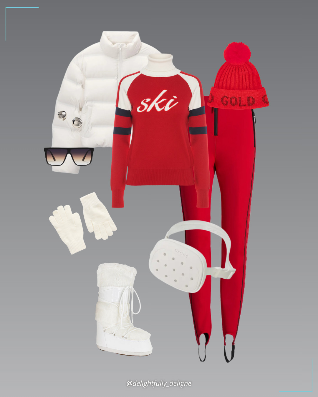 Alpine in Red  ❤️🤍 Ski turtleneck sweater, ski pants, red hood beanie, white cropped puffer jacket, faux fur moon boots, classic belt bag, cozy gloves, Quay Nightfall sunglasses & polished pebble stud earrings. 

 #LTKootd #LTKSeasonal #LTKOver40