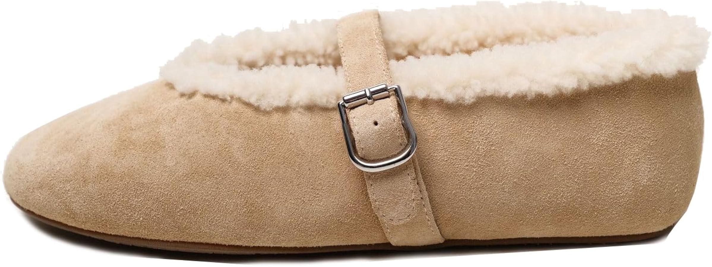 Women's Suede Mary Jane Flats Round Toe Ballet Shoes with Faux Fur Lining Buckle Strap Slip-On Wa... | Amazon (US)