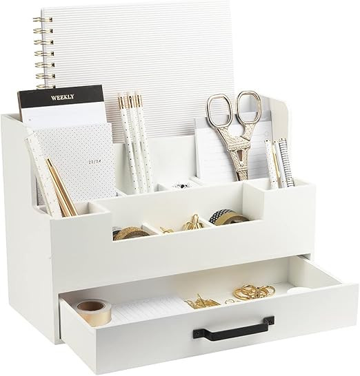 BLU MONACO White Wooden Desk Organizer with Drawer - Office Desk Accessories and Organizer Desk C... | Amazon (US)