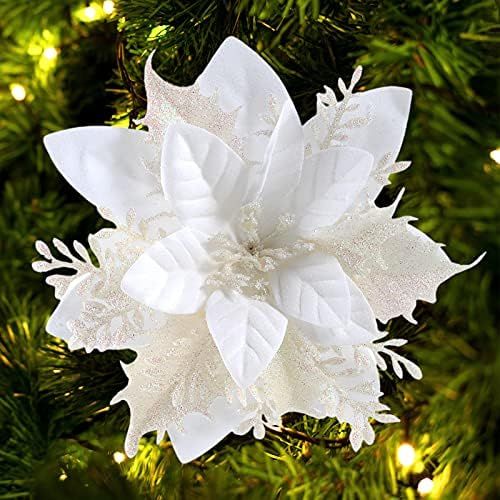 Poinsettia Artificial Christmas Flowers Decorations Glitter Xmas Flowers Christmas Picks Tree Wre... | Amazon (US)