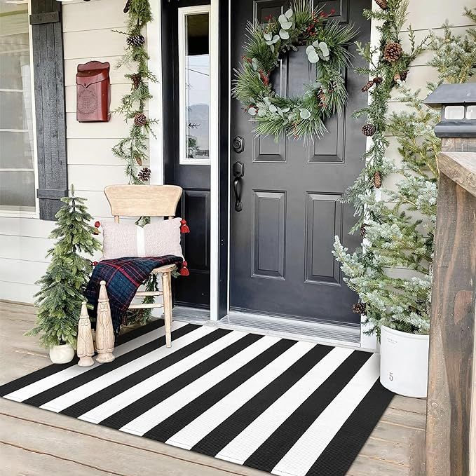 KOZYFLY Black and White Striped Area Rug 3x5 Ft Front Door Rug Hand Woven Cotton Washable Outdoor... | Amazon (US)