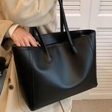 Autumn/Winter New Retro Large Capacity Solid Color Shoulder Tote Bag For Women, Letter Foil Leather Tag Decor, Fashion Metal Chain Strap, Casual Dual | SHEIN