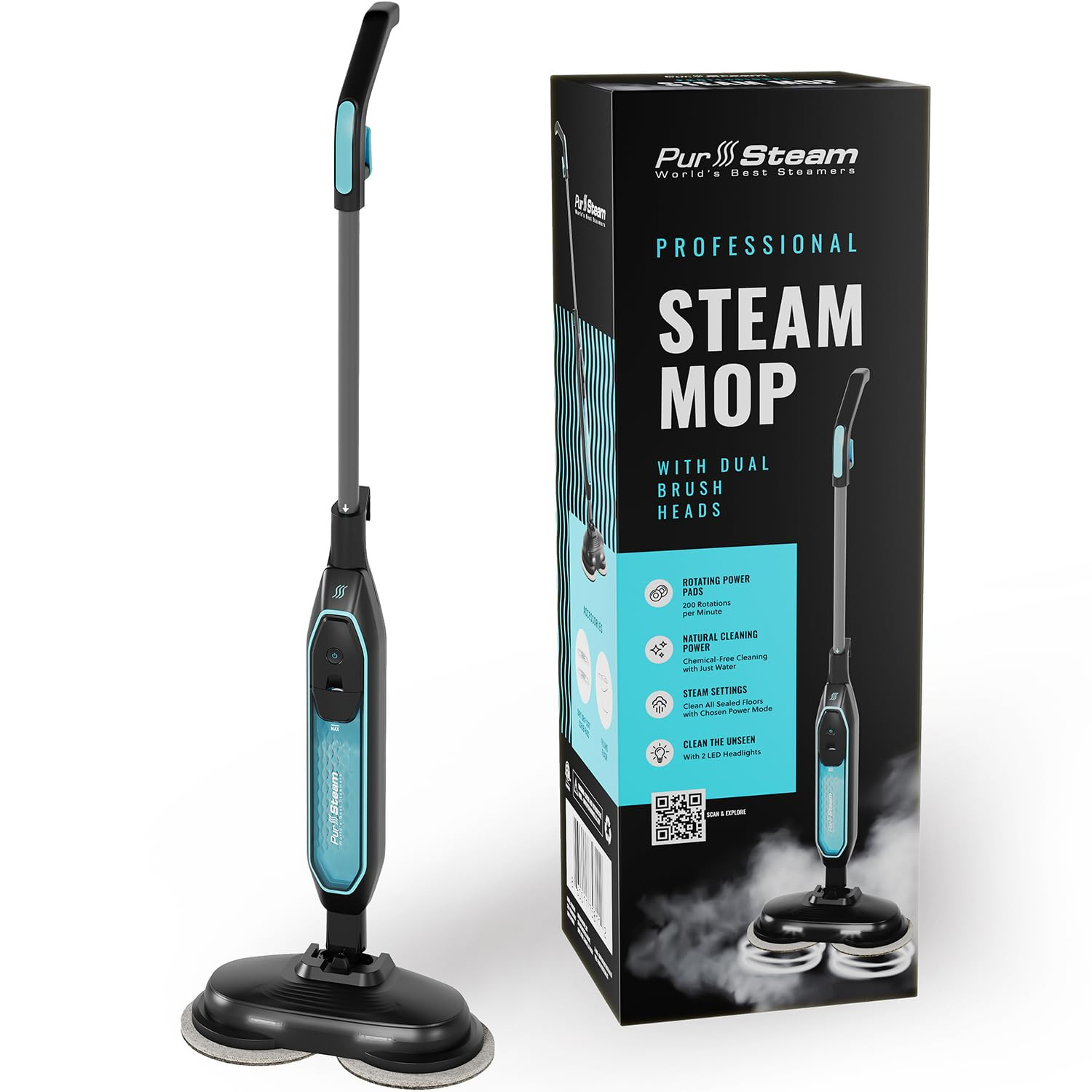 Pursteam ScrubMaster Steam Mop with Dual Scrubbing Head, LED Headlights, Adjustable Steam Control... | Amazon (US)