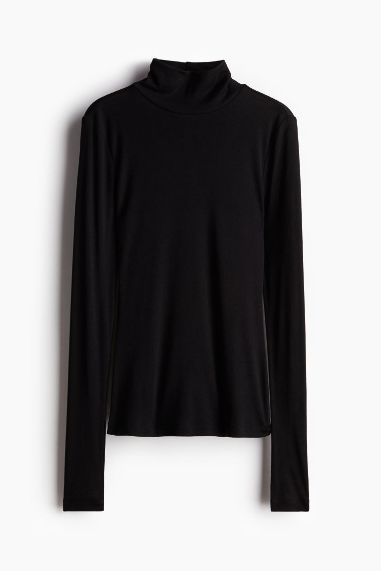 H & M - Ribbed polo-neck top - Black | H&M (UK, MY, IN, SG, PH, TW, HK)