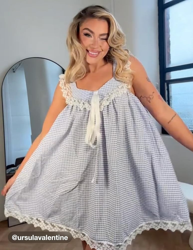 CIDER Dresses for Women Babydoll Gingham Lace Trim Knotted Mini Dress Low Waist Crew Neck Sleevel... | Amazon (US)