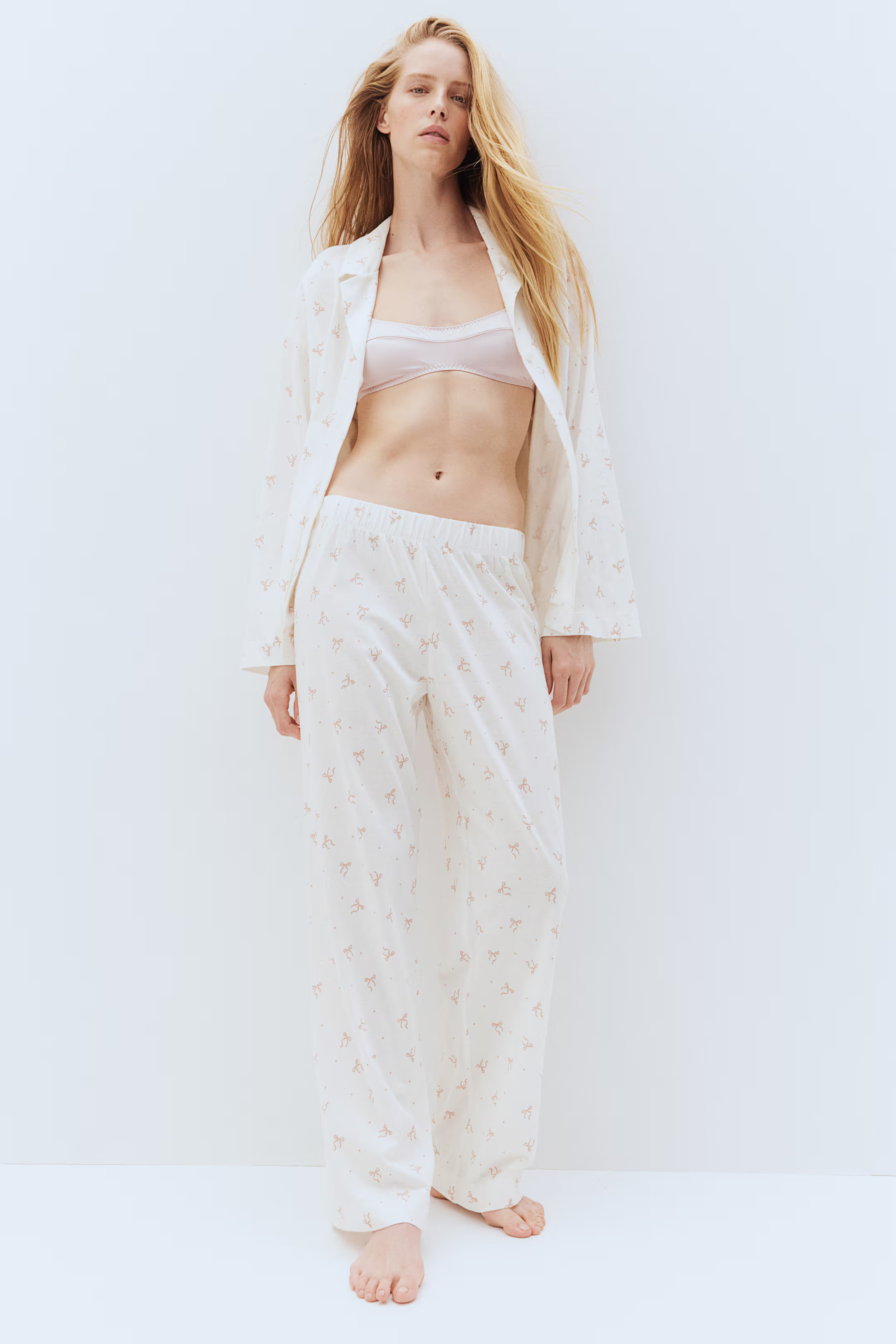 Patterned jersey pyjamas - Long sleeve - Long - White/Bows - Ladies | H&M GB | H&M (UK, MY, IN, SG, PH, TW, HK)