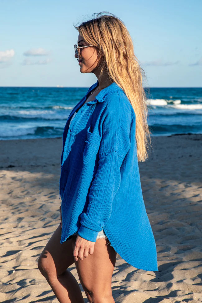 Let Me Adore You Cobalt Blue Button Front Gauze Blouse | Pink Lily