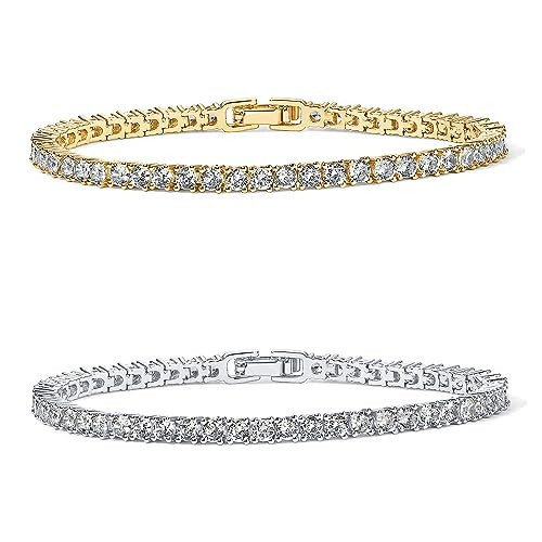 PAVOI Tennis Bracelets for Women - 14K Yellow Gold and Rhodium Plated 3mm Cubic Zirconia Classic Gold Tennis Bracelets for Women and Men - Trendy Mixed Metals CZ Jewelry Gifts - Size 7.5 Inches | Amazon (US)