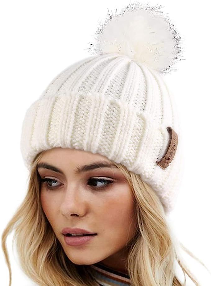 FURTALK Womens Winter Knitted Beanie Hat with Faux Fur Pom Warm Knit Skull Cap Beanie for Women | Amazon (US)