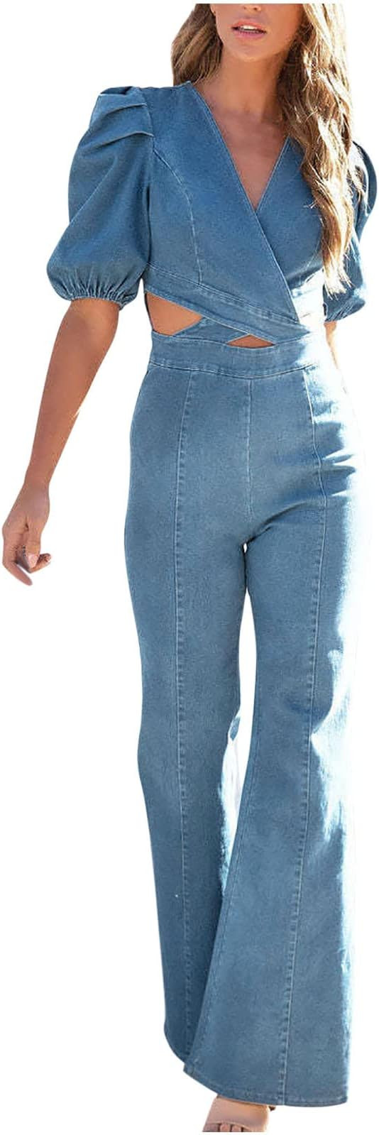 RKSTN Fashion Denim Jumpsuit for Women Casual Sexy Jumpers Jean Integrated Wide Leg Pants Onesie ... | Amazon (US)