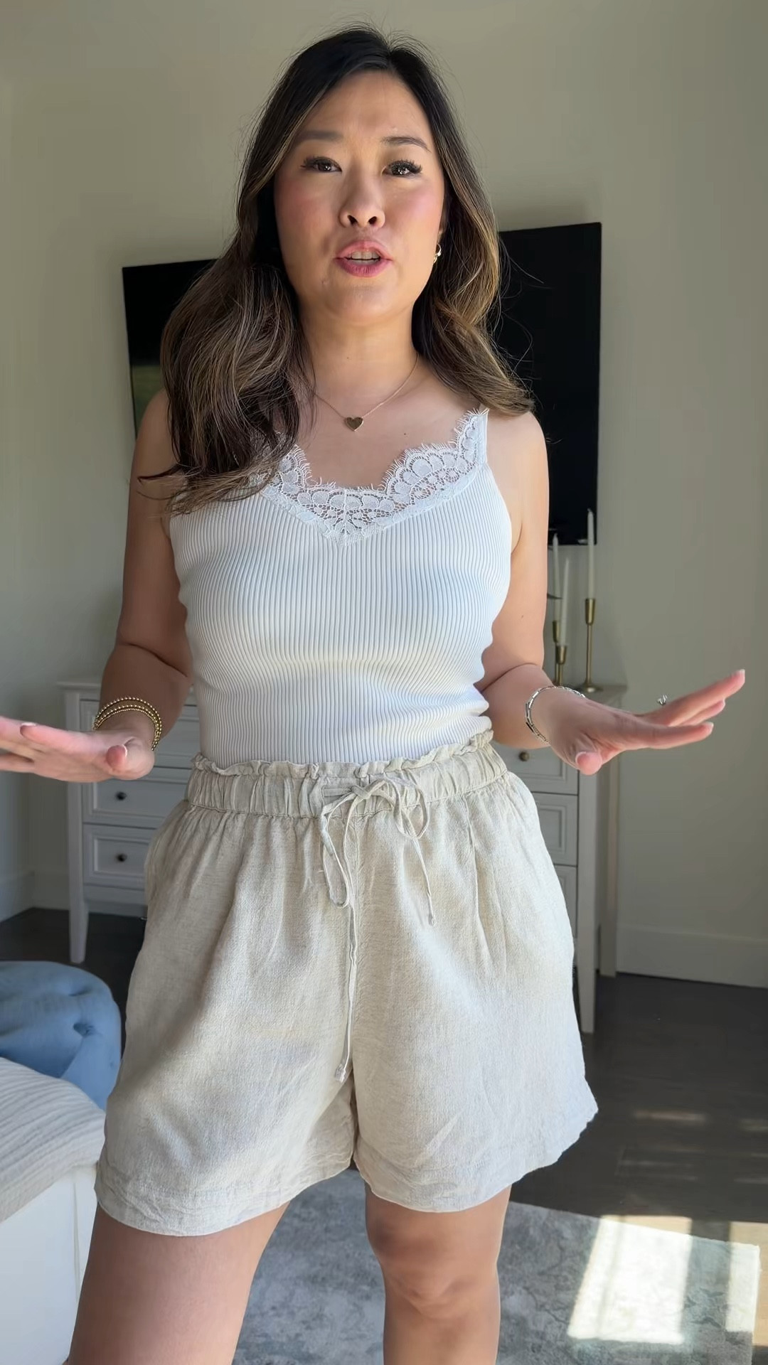 Walmart lace tank: Small
Linen shorts: Medium