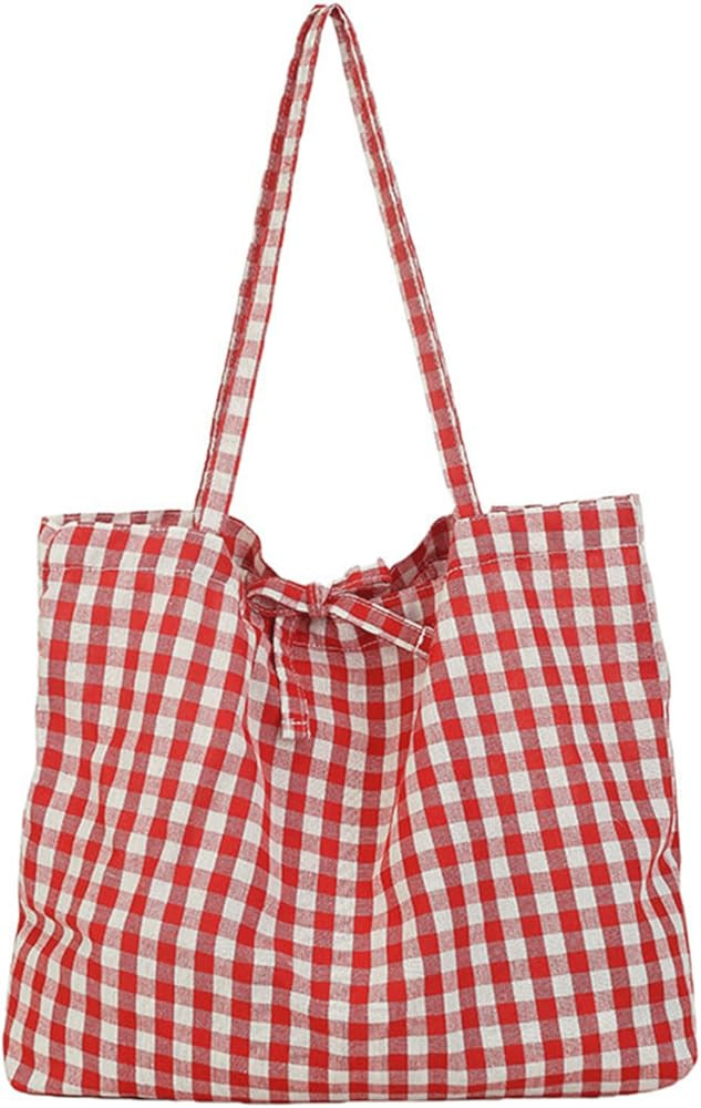 Gingham Tote Bag Vintage Shoulder Tote Lightweight Shoulder Bag Gingham Large Capacity Handbag | Amazon (US)