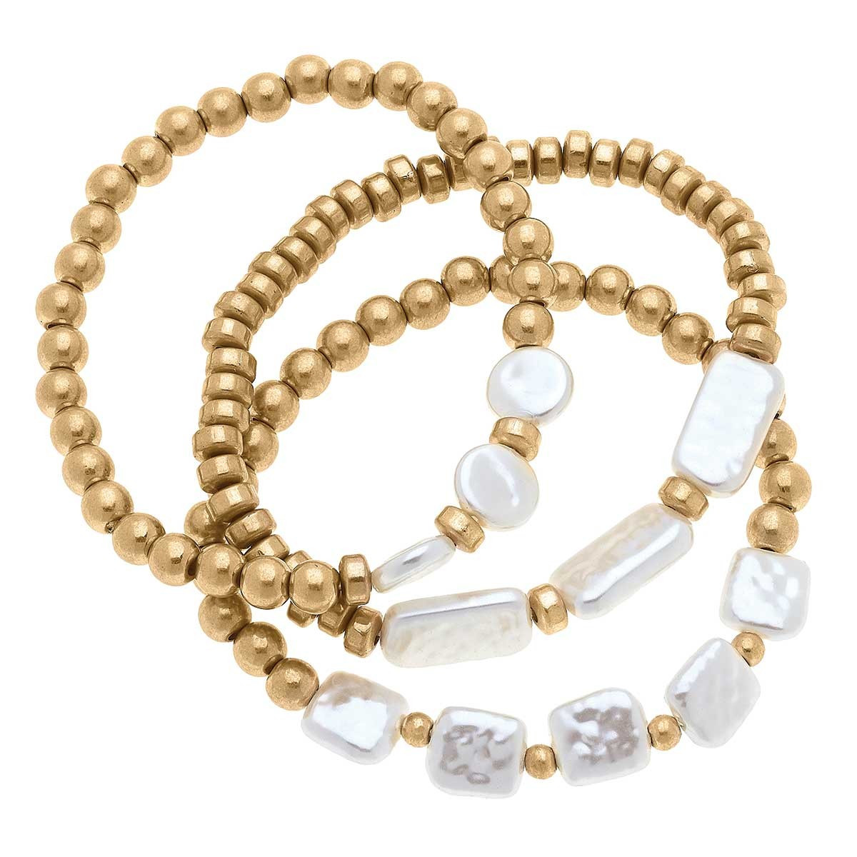 Cassidy Pearl & Ball Beaded Stretch Bracelets in Ivory - Set of 3 | CANVAS