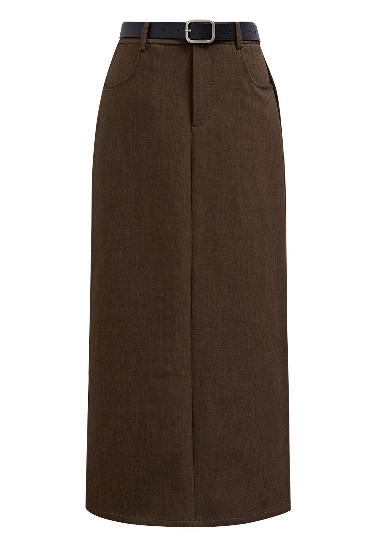 Slit Back Belted Maxi Skirt in Khaki | Chicwish
