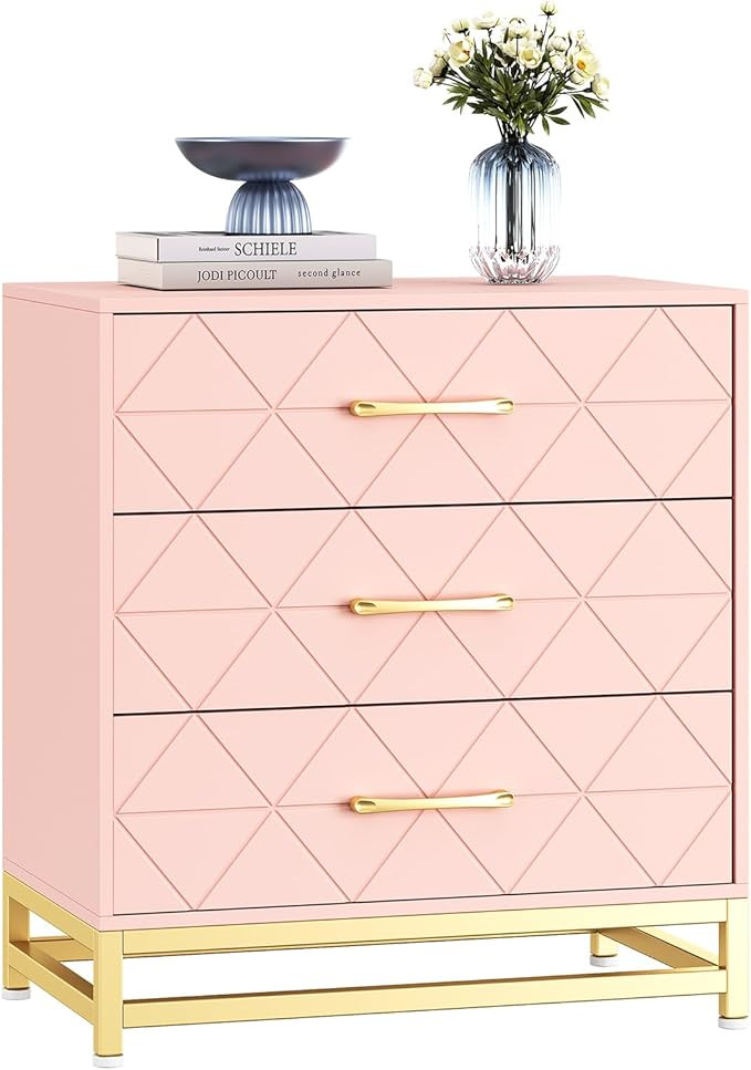 3 Drawer Dresser, Wood Chest Drawers with Storage for Closet, Bedroom, Drawers Dresser Modern Bedside Nightstand with Gold Handles, Pink | Amazon (US)