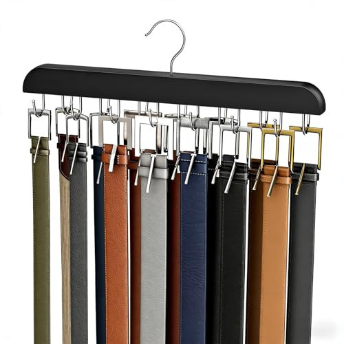 Belt Hanger for Closet Max 42 Belts, Sturdy Wood Belt Rack Closet Accessories with 14 Hooks Belt Organizer for Closet Organizers and Storage -Black 1 Pack | Amazon (US)