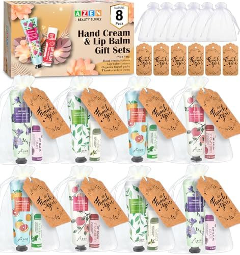 AZEN 8 Sets Bulk Gifts, Hand Cream and Lip Balm Bulk Set with Organza Bag Thank You Card, Baby Sh... | Amazon (US)