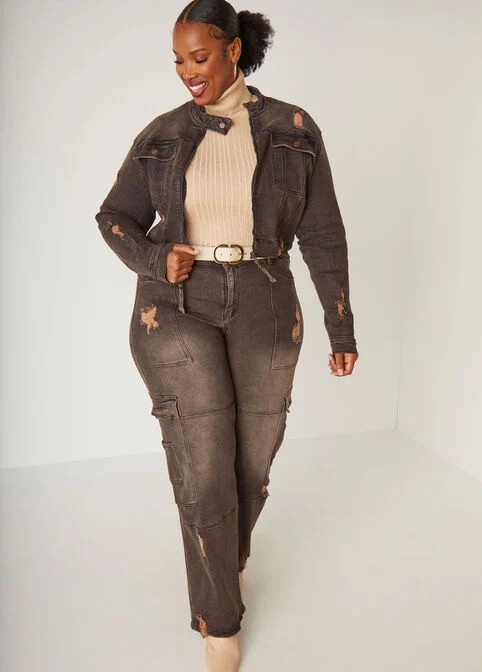 High Rise Distressed Cargo Jeans | Ashley Stewart