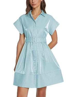 D-Sun Women Casual Button Down Shirt Dress V-Neck Short Sleeves Mini Shirt Dress Belted Short Par... | Amazon (US)
