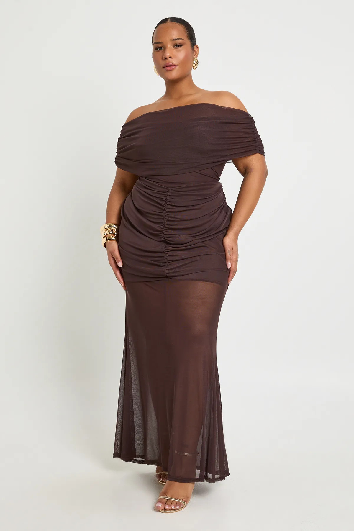 Plus Bardot Ruched Body Midaxi Dress | Boohoo.com (UK & IE)