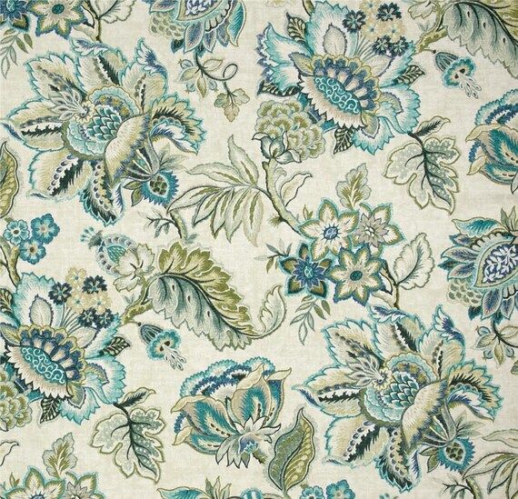 Blue Green Curtains, Jacobean Floral Drapes | Etsy (US)