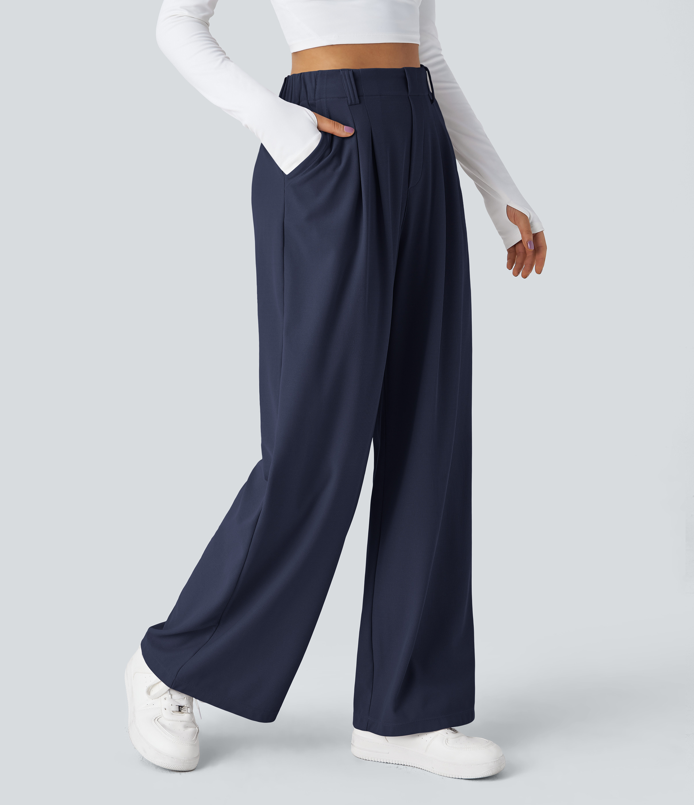 Halara Halara Flex™ High Waisted Pocket Wide Leg Waffle Work Pants - Dark Blue - XL(petite) sweatpants jogger pants stacked sweatpants | HALARA