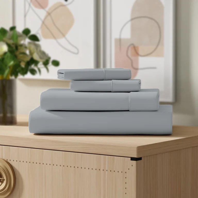 Color Sense 100% Cotton Percale Cool & Crisp 4-Piece Sheet Set Queen Light Gray | Walmart (US)