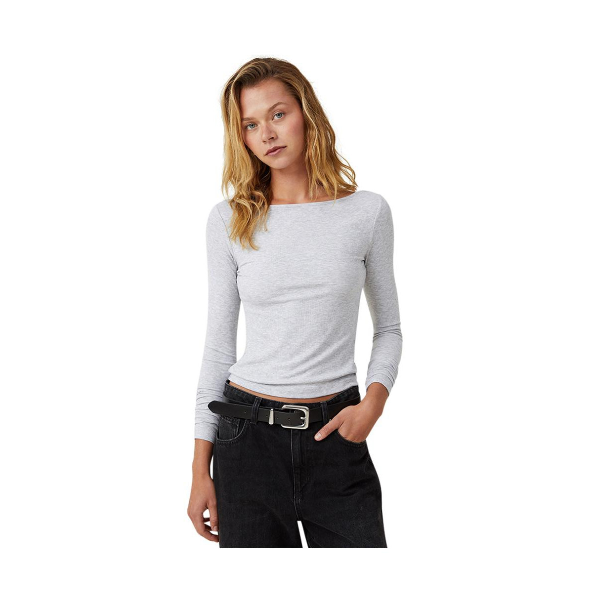 Cotton On Women's Staple Rib Boat Neck Long Sleeve Top - Grey marle | Macy's