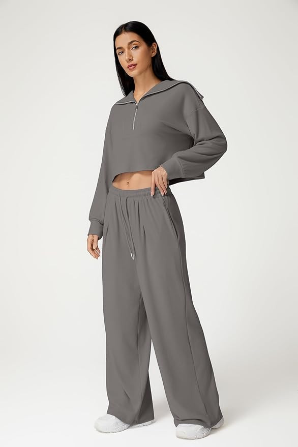 QINSEN Women Cozy 2 Piece Lounge Matching Set Wide Leg Sweatpants Half Zip Crop Sweatshirt Outfit... | Amazon (US)