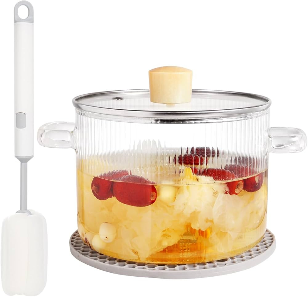 Glass Cooking Pot with Lid - 1.8L(63oz) Heat Resistant Borosilicate Glass Saucepan with Brush & A... | Amazon (US)
