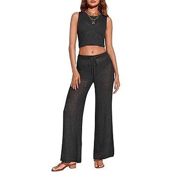 Saodimallsu Womens 2 Piece Crochet Swimsuit Cover Up Sleeveless Crop Top Drawstring Long Pants Se... | Amazon (US)