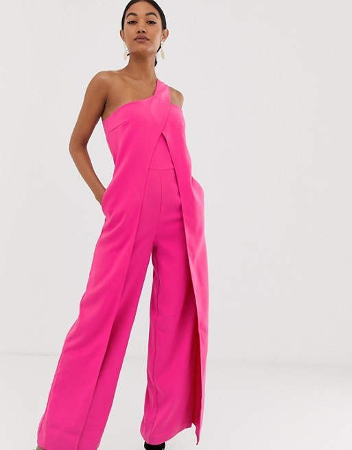 Lavish Alice one shoulder wrap over wide leg jumpsuit in pink | ASOS US