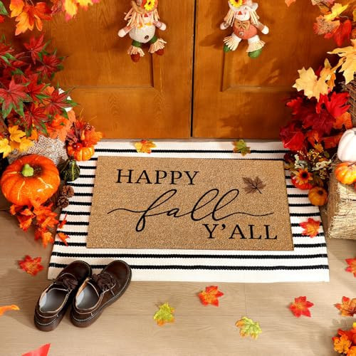 Duraaamo 2 Pcs Fall Coir Doormat Outdoor 16'' x 28'' Happ Fall Yall Welcome Mats 24'' x 35'' Black and White Stripe Outdoor Rug Falls Non Slip Floor Mat Fot Autumn Indoor Entrance Porch Front Decor | Amazon (US)