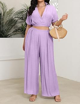 Women Two Piece Outfit V Neck Crop Top Batwing Sleeve Flowy Wide Leg Pants Set Summer Vacation Tr... | Amazon (US)