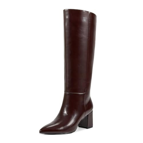 wetkiss Burgundy Boots for Women Knee High Boot Chunky Heel Pointed Toe Tall Long Wide Calf Pull-On Block Heel Boots (Matte Burgundy Size10) | Amazon (US)