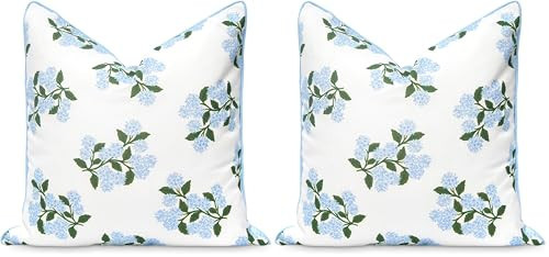 Hofdeco Premium Coastal Patio Indoor Outdoor Throw Pillow Cover Only, 20"x20" Water Repellent for Backyard, Couch, Baby Blue Print Hydrangea Flower (Pack of 2) | Amazon (US)