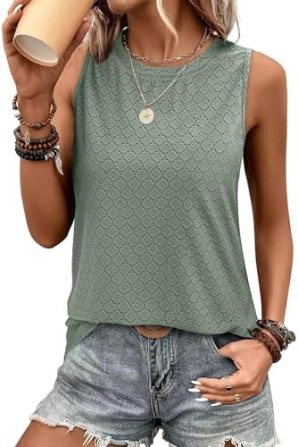 Sampeel Womens Tank Tops Eyelet Loose Casual Summer Tops Crew Neck Basic Sleeveless Shirts Trendy... | Amazon (US)