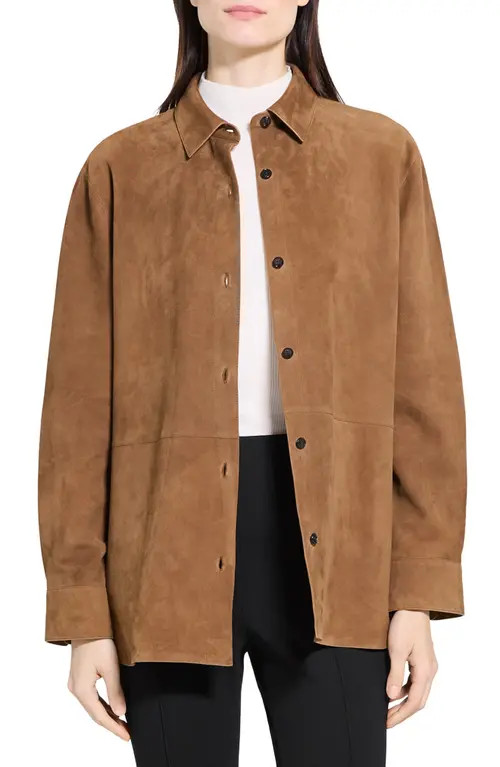 Theory Classic Boxy Fit Suede Shirt Jacket in Deep Tobacco at Nordstrom, Size Large | Nordstrom